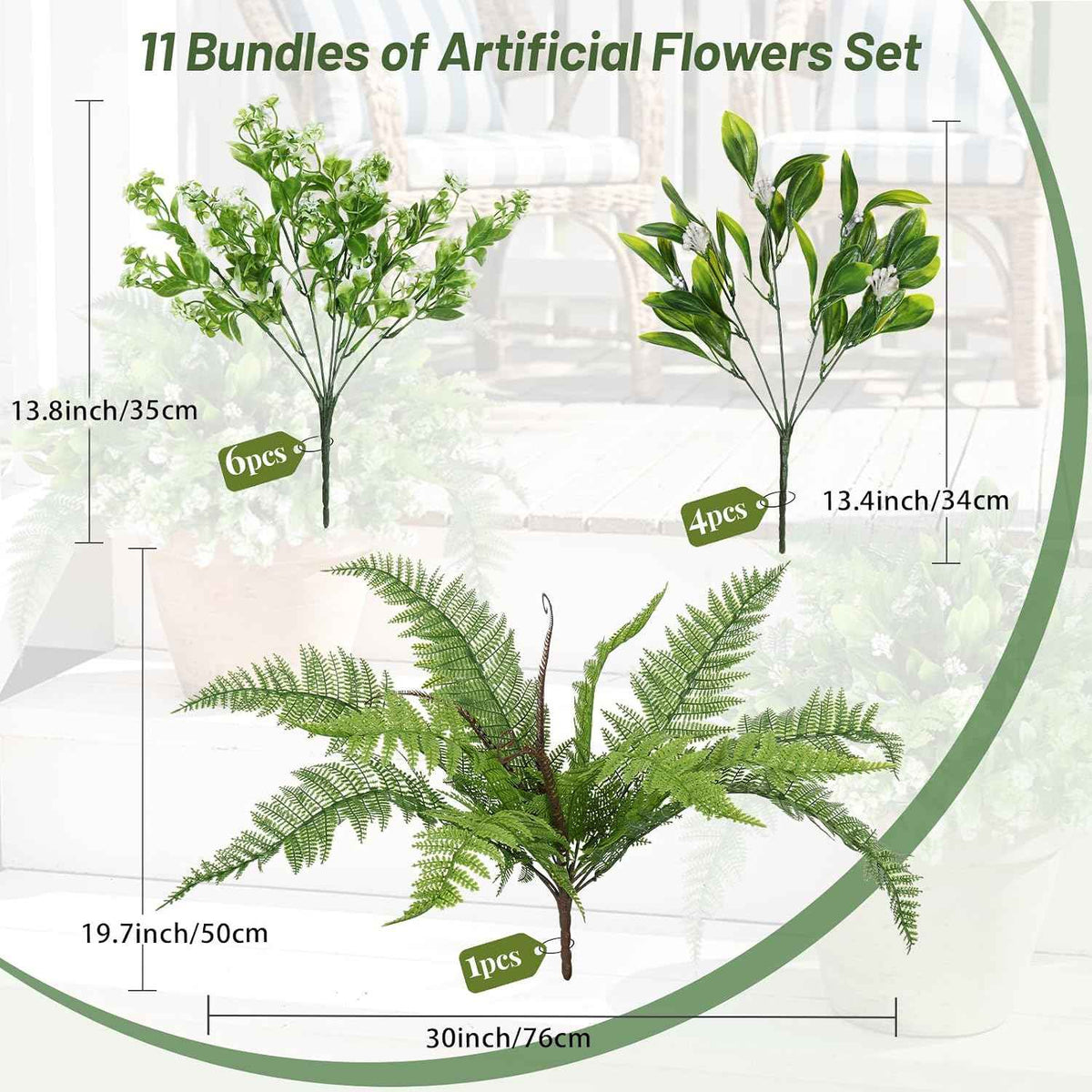 RECUTMS Faux Fern Flowers Plants Set for Outdoors 11 Bundles UV Resistant | Fake Fern,Eucalyptus Shrub with Rose&Berry Bunches for Home Patio Garden Window Box Front Door Porch Yard Planter Decor White