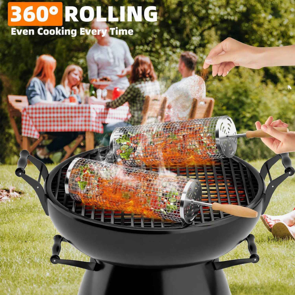 Rolling Grill Baskets, 304 Stainless Steel Grill Basket BBQ Tools | Grill Vegetable, Removable Handle, Heat Resistant, Dishwasher Safe, Nesting Storage, Outdoor Camping, BBQ Gifts for Men Dad