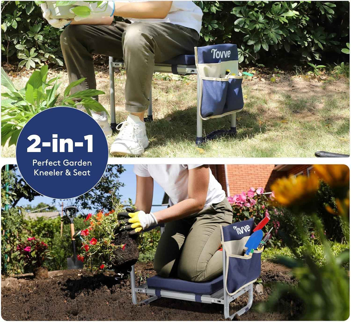 Tovve Foldable Garden Kneeler and Seat, Heavy Duty Garden Stool with 10" Wide Detachable Kneeling Pad, Portable Garden Bench Chair with Large Garden Tool Bag, Gardening Gifts for Women, Seniors, Mom