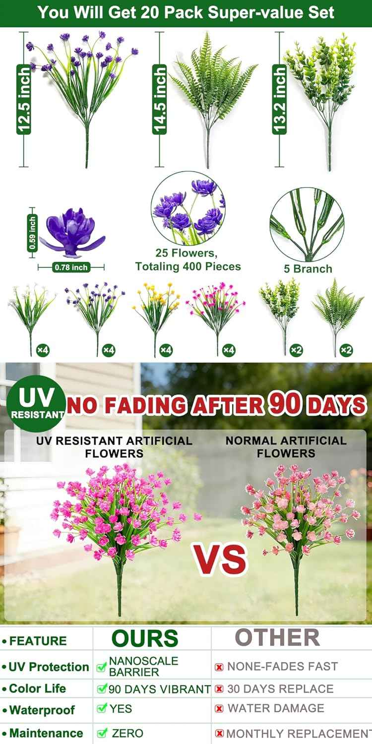 20 Bundles Artificial Flowers for Outdoors, Summer Spring Grass Camellia | Fake Flowers Fern Plants Eucalyptus, UV Resistant No Fade Faux Greenery for Garden Patio Outdoor Decor(Mixed 6 Styles 2)