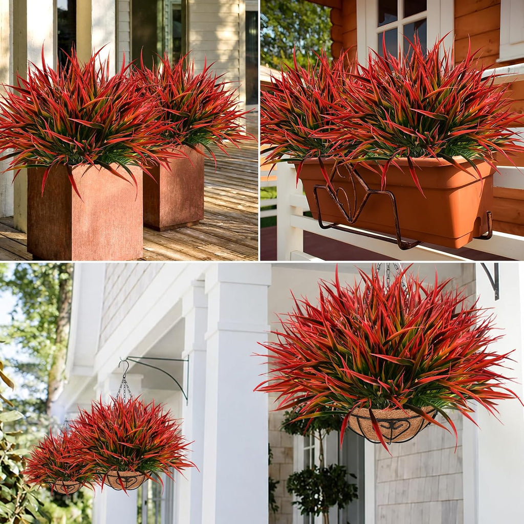 Waipfaru 12 Bundles Fake Plants Outdoor Artificial Grass Greenery Stems UV Resistant Faux Plants Shrubs for Home Garden Pathway Window Box Front Porch Spring Summer Decor (Gradient Red)