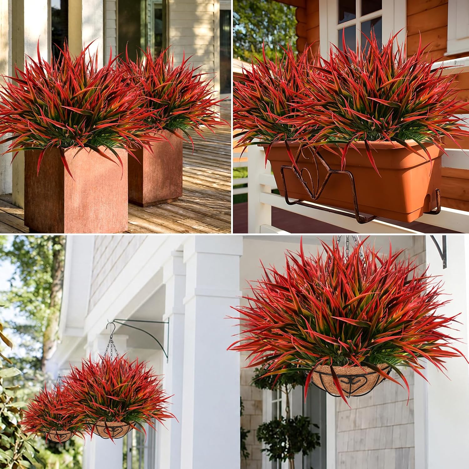 Waipfaru 12 Bundles Fake Plants Outdoor Artificial Grass Greenery Stems UV Resistant Faux Plants Shrubs for Home Garden Pathway Window Box Front Porch Spring Summer Decor (Gradient Red)