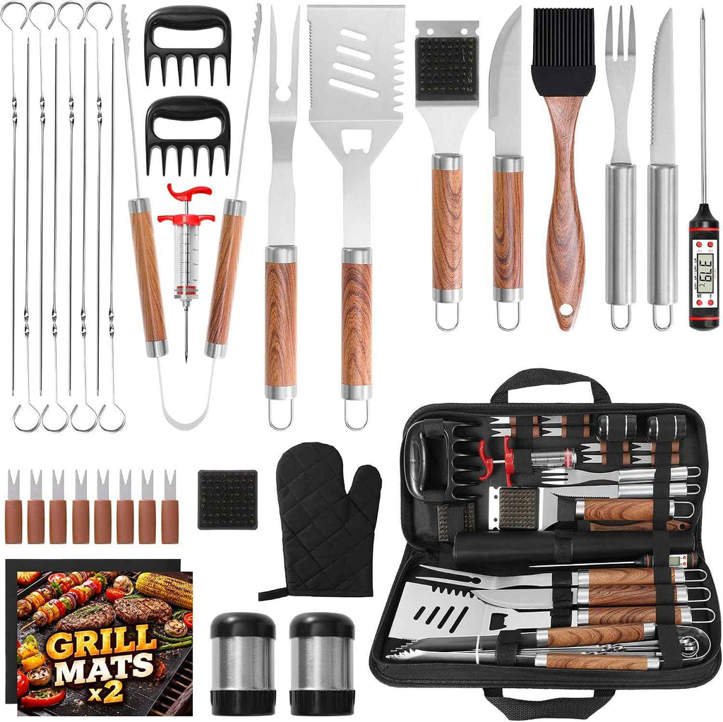 Kaluns 35PC BBQ Grill Tools Set – Heavy Duty Stainless Steel Grill Accessories Kit with Case, Meat Thermometer, Injector, Claws & Mats for Dad, Men