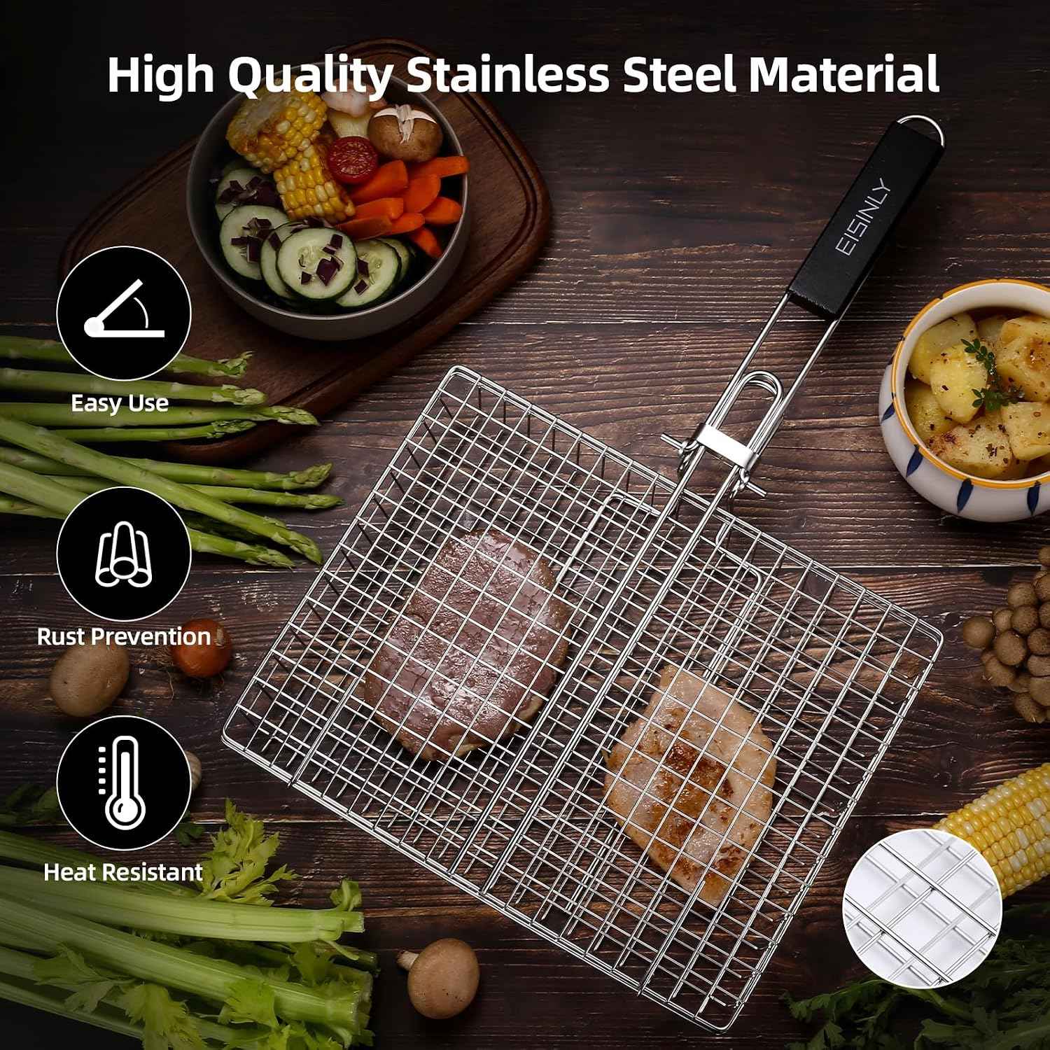 Eisinly BBQ Grilling Basket for Outdoor Grill with Removable Handle | Portable Grill Basket, Stainless Steel Camping Cooking Grill Accessories for Chicken Fish Vegetable, Easy to Clean