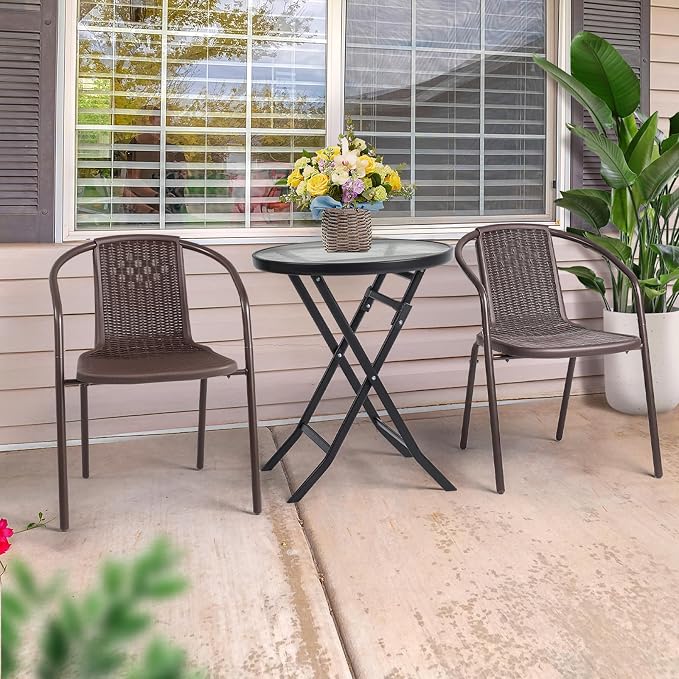 VINGLI PE Rattan Outdoor Dining Chairs Set of 2, Plastic Stackable Patio Chairs - Image 7