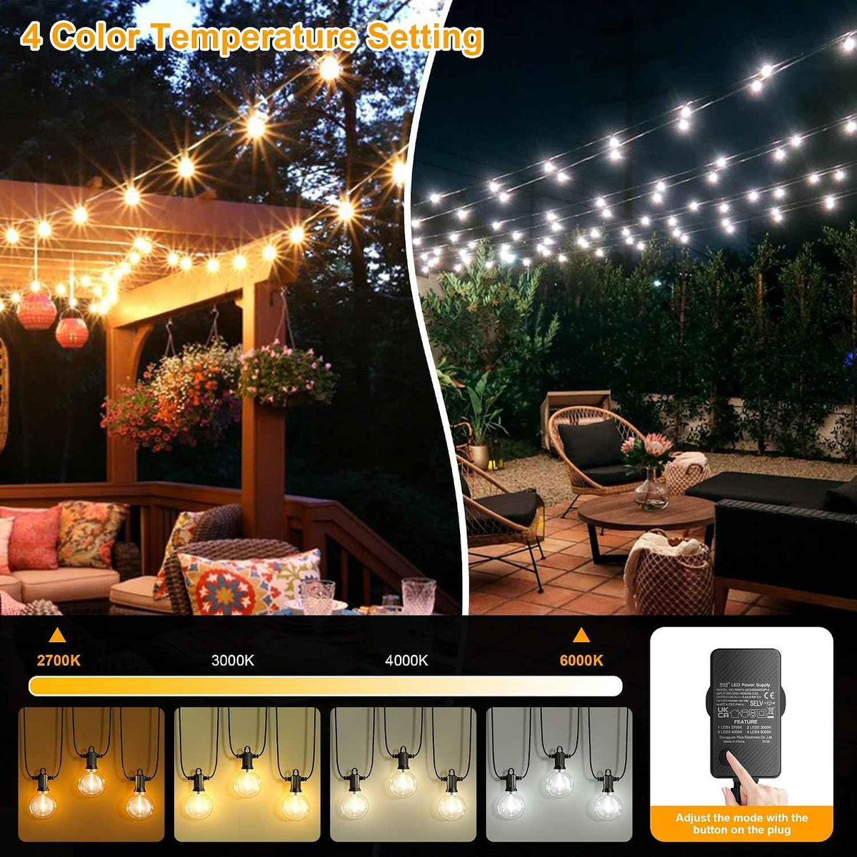 Zuske Outdoor String Lights, 50FT 4-Color LED Patio Lights with 25 Shatterproof G40 Globe Bulbs, Waterproof Hanging Lights for Outside, Backyard, Porch, Balcony, Gazebo, 2700K/3000K/4000K/6000K