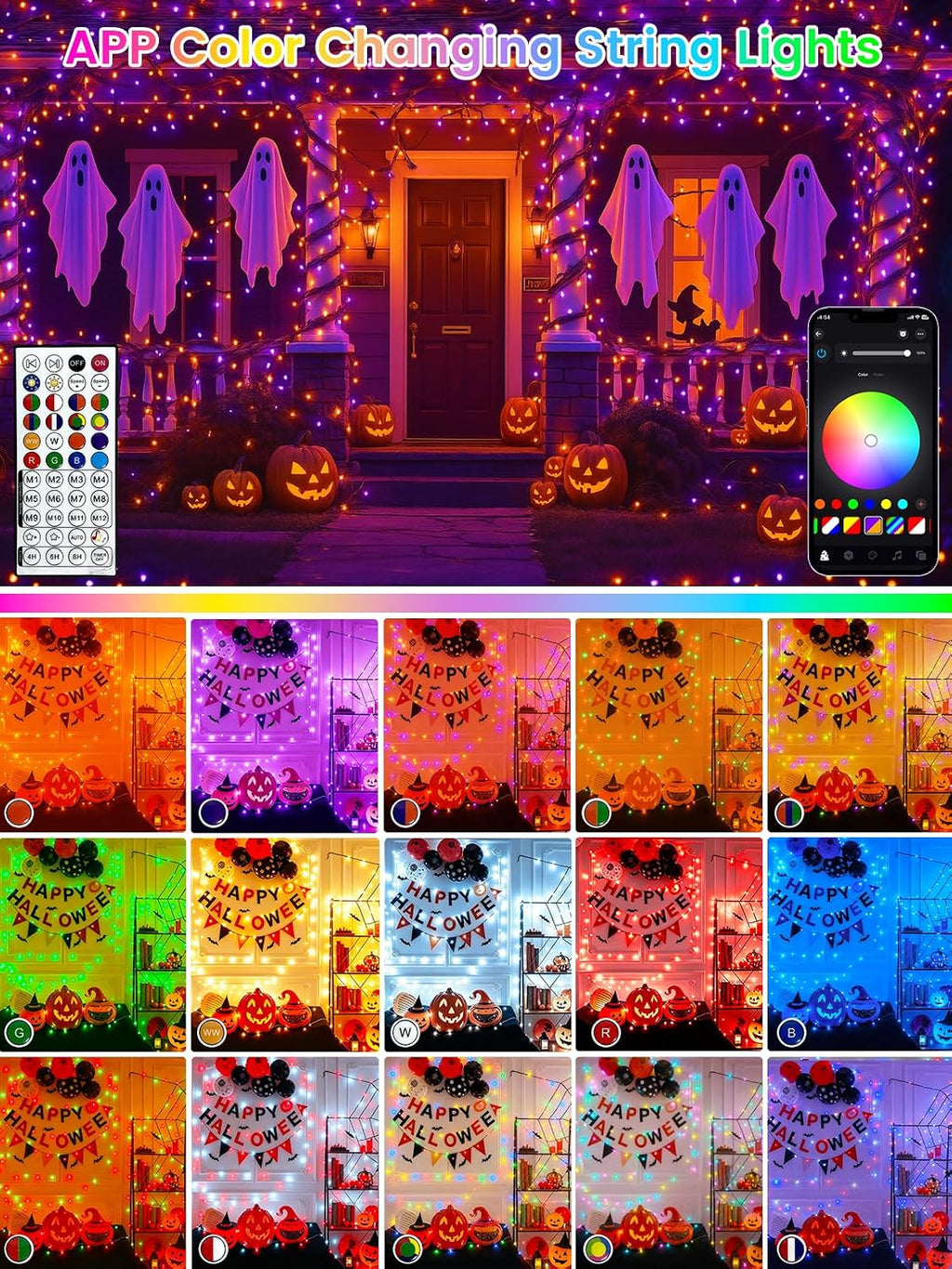 200 LED Smart RGB Color Changing String Lights APP & Remote for Halloween | 66 FT Halloween Twinkle Lights IP44 Waterproof, Timer, Music Sync, Multiple Colors & Modes, Outdoor Christmas Fall Decoration