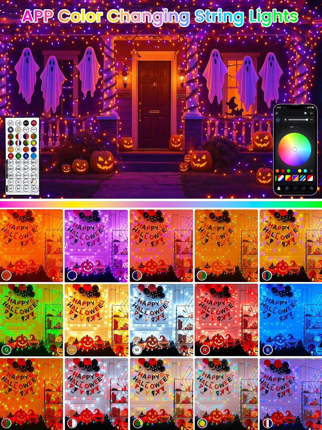 200 LED Smart RGB Color Changing String Lights APP & Remote for Halloween | 66 FT Halloween Twinkle Lights IP44 Waterproof, Timer, Music Sync, Multiple Colors & Modes, Outdoor Christmas Fall Decoration