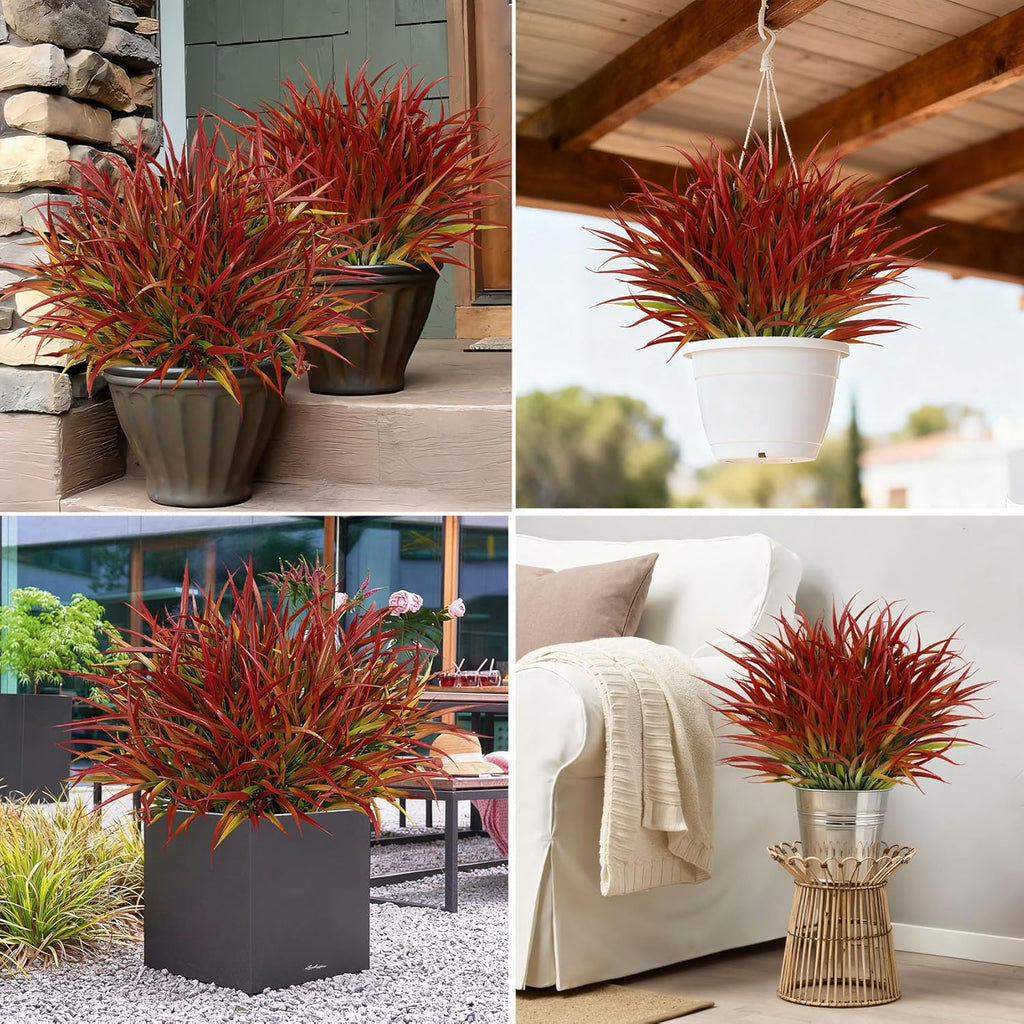 16 Pcs Artificial Plants Outdoor Fake Grass, Red | Plastic grass, faux greenery stems, UV resistant, adjustable stems, indoor outdoor planters patio garden porch pathway