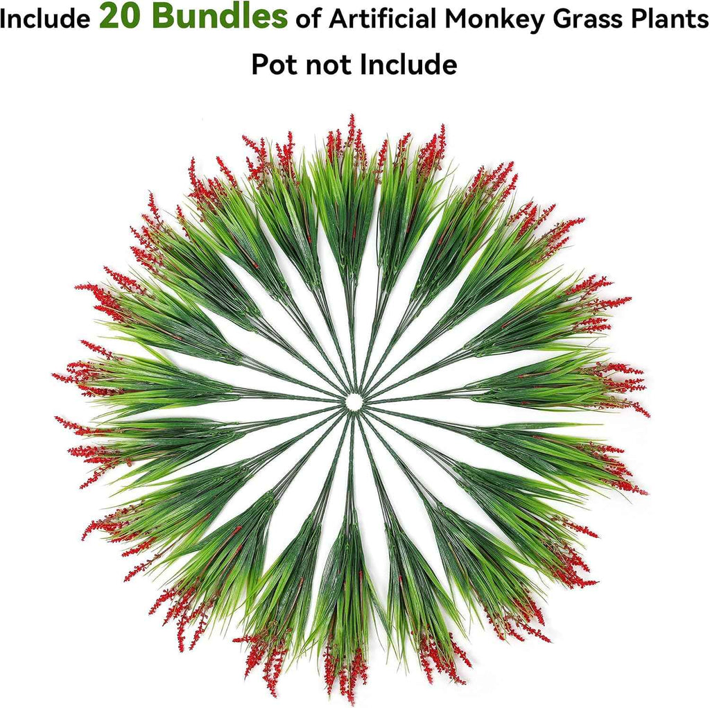 Ivydale 20PCS Artificial Plants Fake Flowers Monkey Grass for Outdoors,UV Resistant Realistic Red Faux Greenery Shrubs Outside Decor for Home Garland Porch Patio Balcony Planter Yard Office Pathway