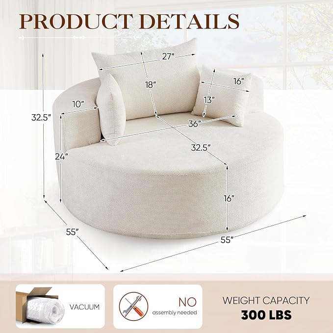 Antetek Oversized Round Chaise Longue Chair Indoor, Modern 55-inch Upholstered - Image 2