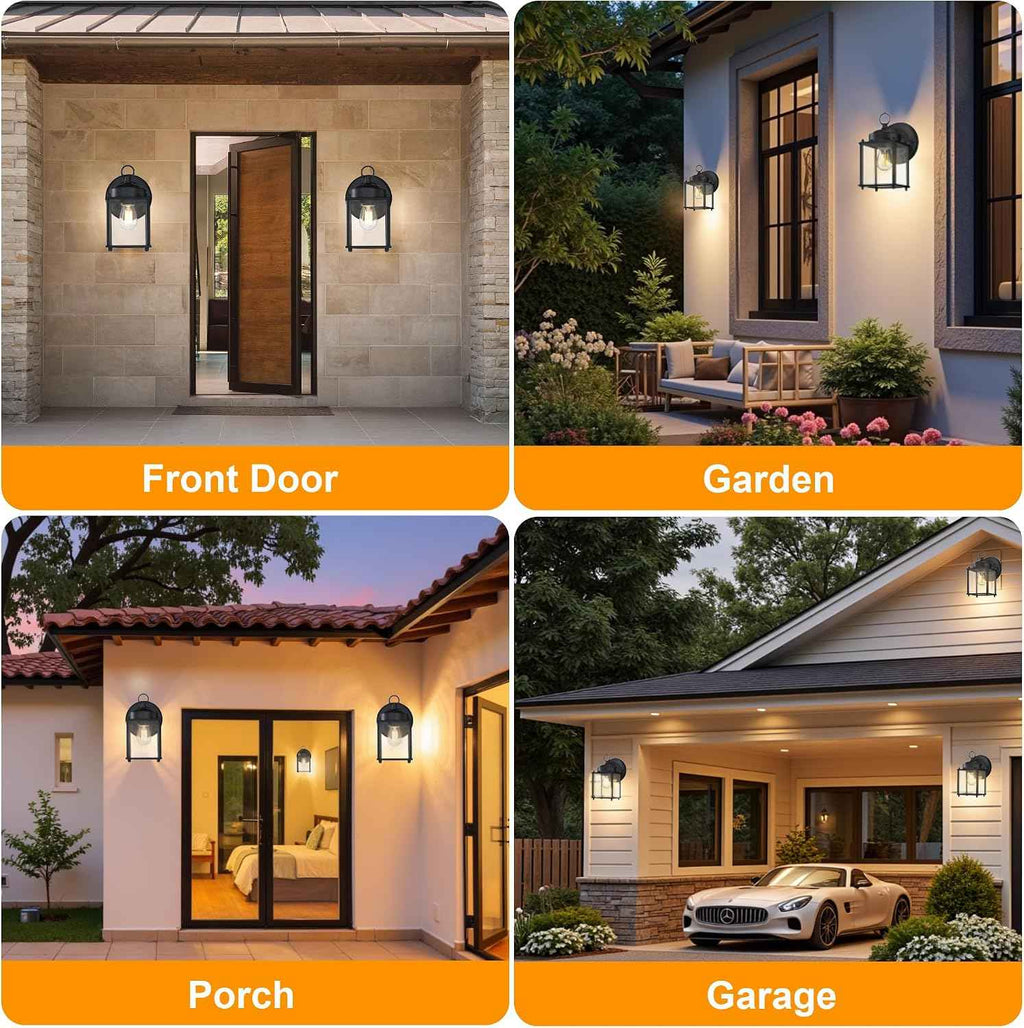 GRUENLICH Outdoor Wall Light Fixture, Clear Glass, Black, 2 Pack | Exterior Porch Light Wall Sconce Lantern for House, Patio, Garage, Anti-rust Metal, E26 Socket 60W Max