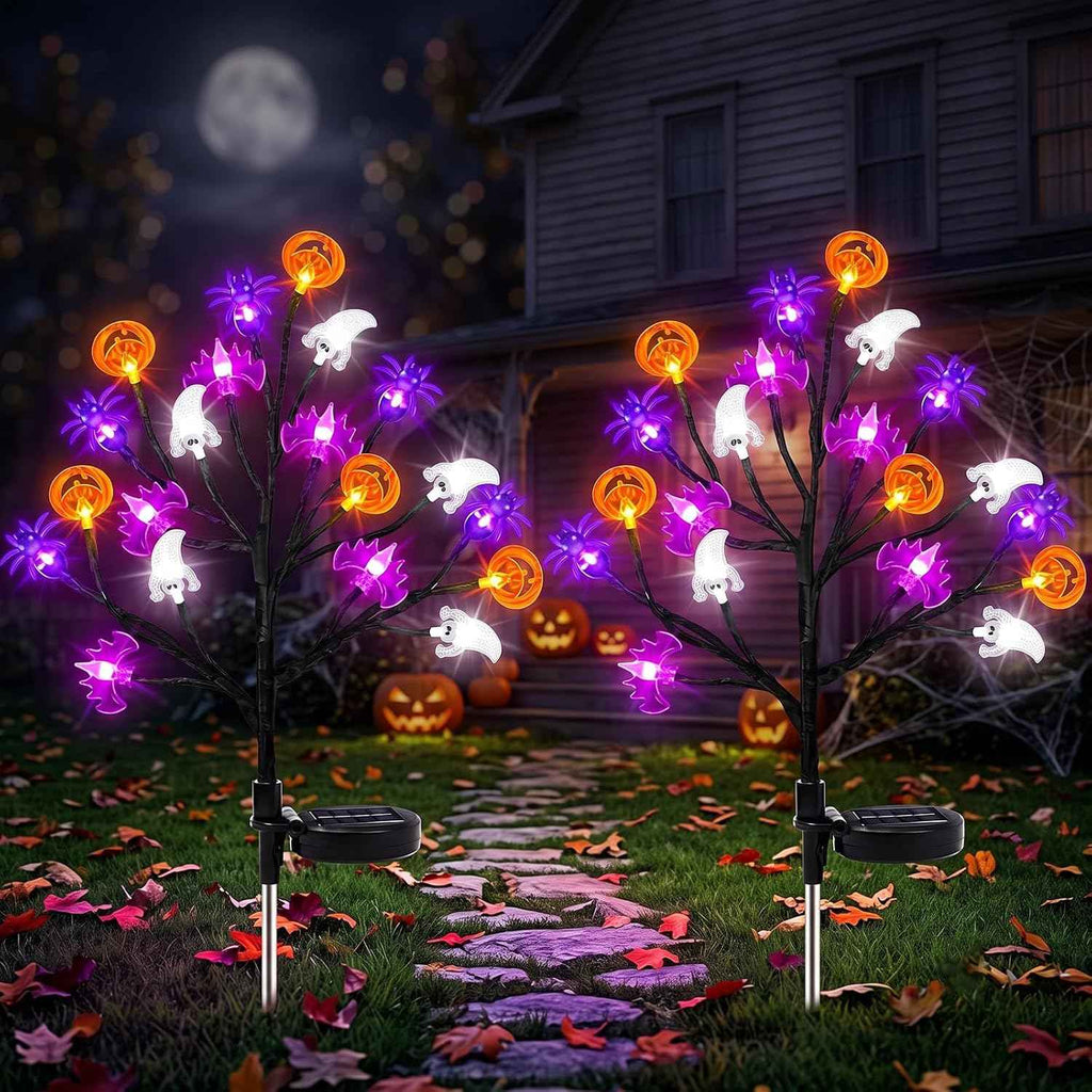 2-Pack Halloween Decorative Outdoor Solar Lights, 20 LED Bulbs Waterproof Garden Lights, 3D Pumpkin Bat Spider Maple Lights with 8 Lighting Modes, Solar Stake Lights for Halloween's Decor (Purple)