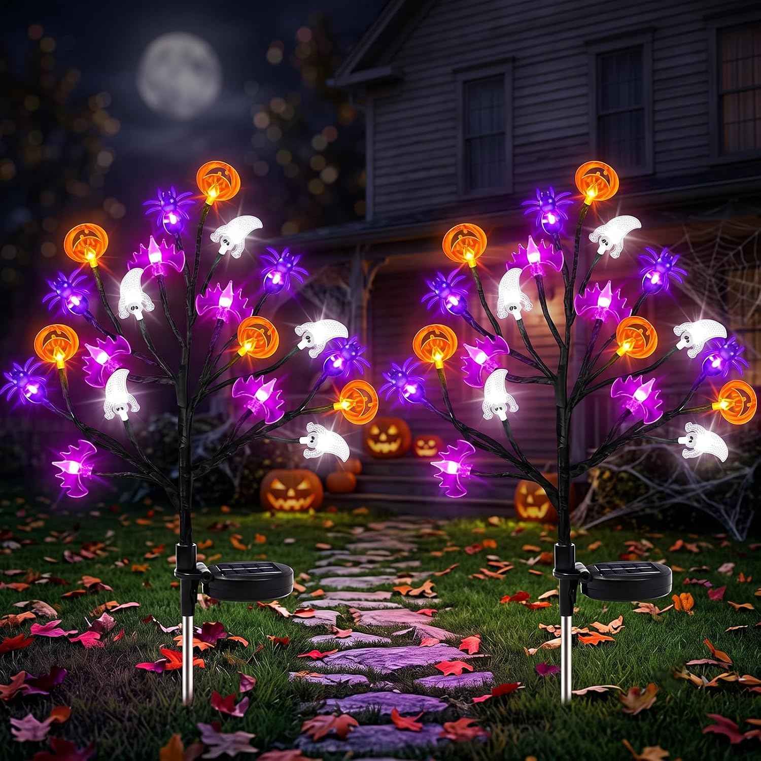 2-Pack Halloween Decorative Outdoor Solar Lights, 20 LED Bulbs Waterproof Garden Lights, 3D Pumpkin Bat Spider Maple Lights with 8 Lighting Modes, Solar Stake Lights for Halloween's Decor (Purple)