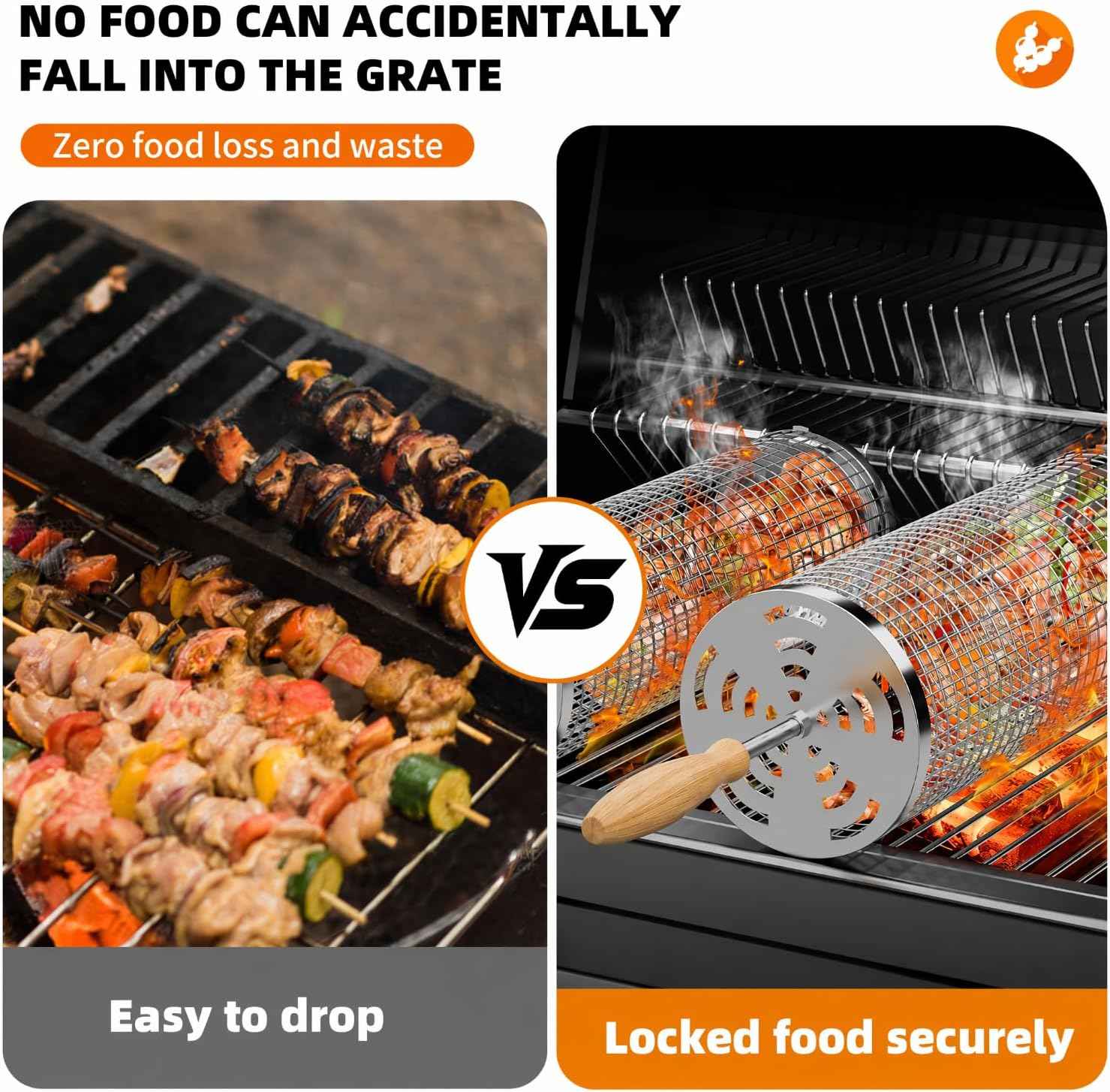 Rolling Grill Baskets, 304 Stainless Steel Grill Basket BBQ Tools | Grill Vegetable, Removable Handle, Heat Resistant, Dishwasher Safe, Nesting Storage, Outdoor Camping, BBQ Gifts for Men Dad