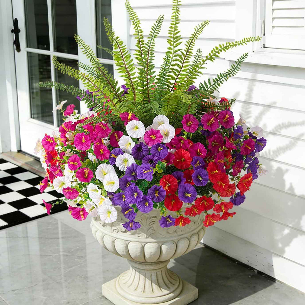 Hrobek Artificial Flowers for Outdoors Faux Plants Outside Indoor,UV Resistant Silk Fake Morning Glory Tall Ferns for Home Patio Garden Back Yard Front Porch Decor (13 Bunches,5 Multi Colors)