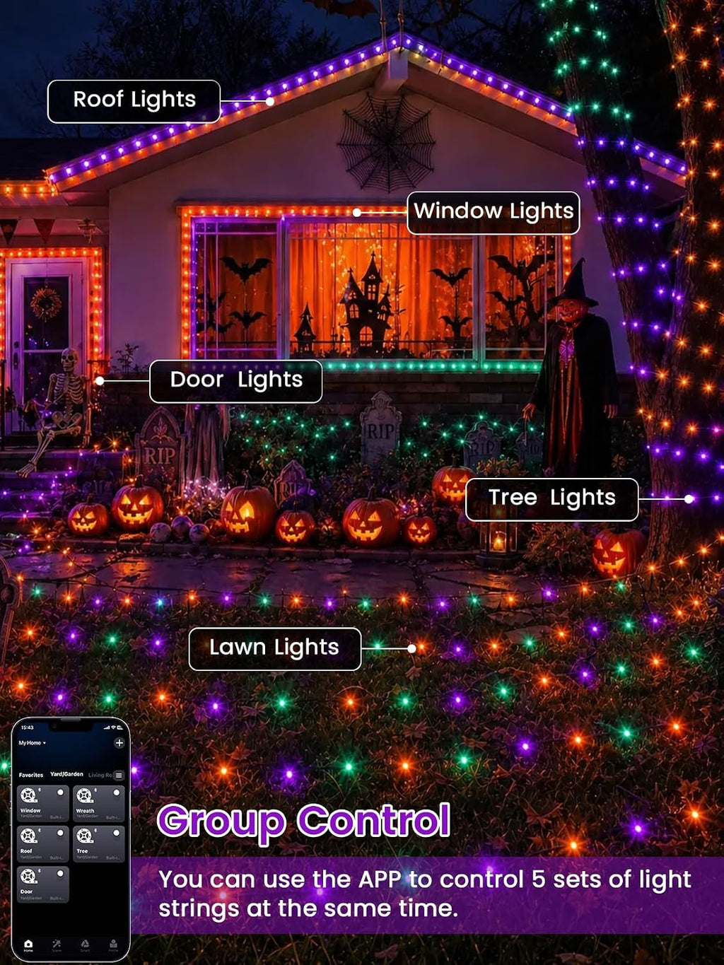 200 LED Smart RGB Color Changing String Lights APP & Remote for Halloween | 66 FT Halloween Twinkle Lights IP44 Waterproof, Timer, Music Sync, Multiple Colors & Modes, Outdoor Christmas Fall Decoration