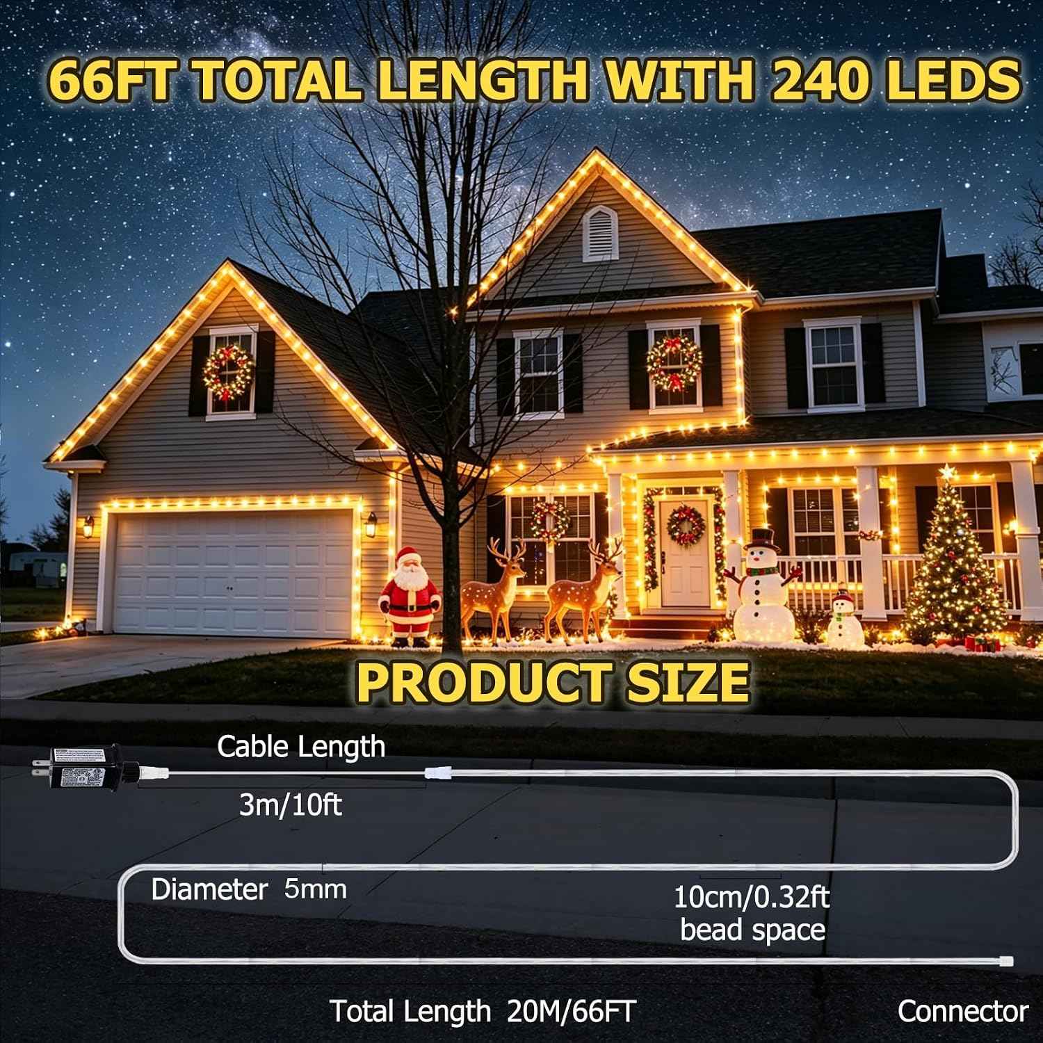 (New) 66FT 240 LED Rope Lights, Outdoor String Lights with 8 Lighting Modes, End-to-end Connectable Waterproof Clear PVC Tube Lights for Yard, Garden, Patio, Party, Indoor Outdoor Decor (Warm White)