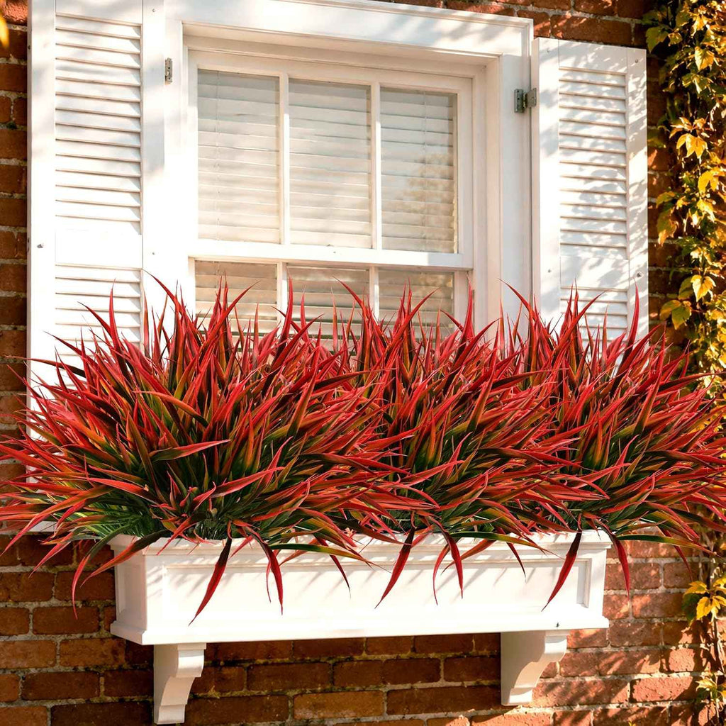 Waipfaru 12 Bundles Fake Plants Outdoor Artificial Grass Greenery Stems UV Resistant Faux Plants Shrubs for Home Garden Pathway Window Box Front Porch Spring Summer Decor (Gradient Red)