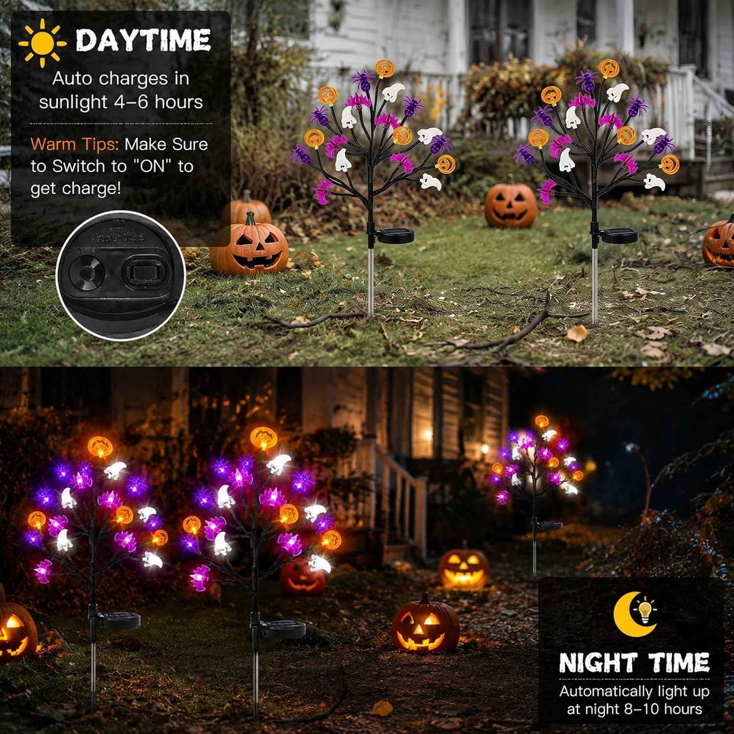 2-Pack Halloween Decorative Outdoor Solar Lights, 20 LED Bulbs Waterproof Garden Lights, 3D Pumpkin Bat Spider Maple Lights with 8 Lighting Modes, Solar Stake Lights for Halloween's Decor (Purple)