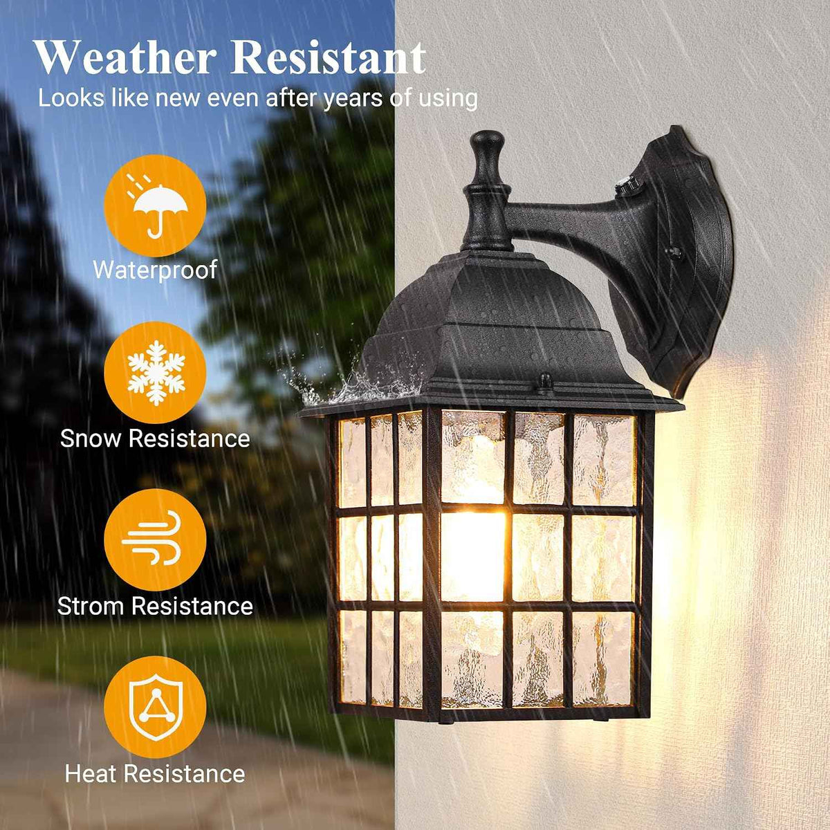 WIHTU Dusk to Dawn Outdoor Wall Lights 2Pack, Classic Exterior Porch Light | Aluminum Frame, Water Rippled Glass, Waterproof, E26, Sensor Exterior Lighting Fixtures, Wall Sconce For Garage, Front Door