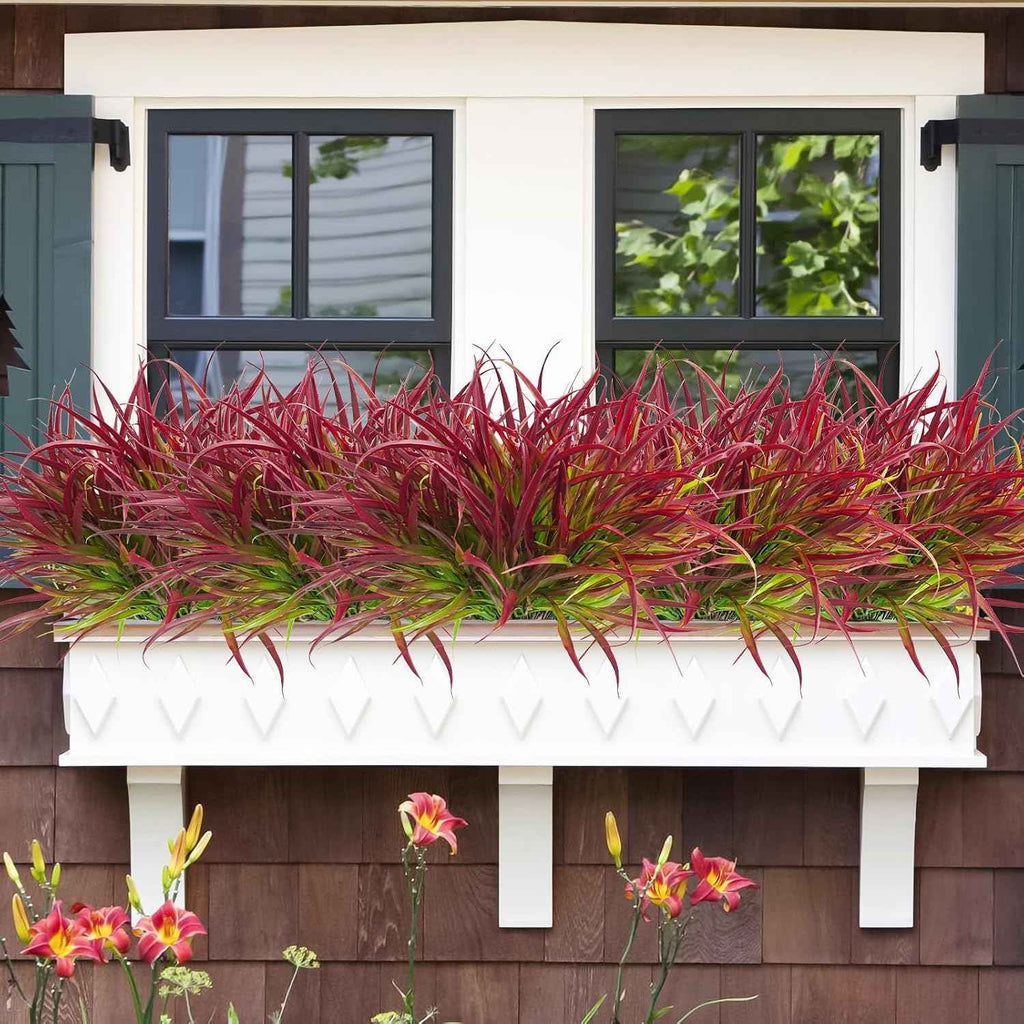Uieke 12 Bundles Artificial Outdoor Plants UV Resistant Fake Grass Plants Faux Plastic Plants Greenery Shrubs for Home Garden Pathway Window Box Front Porch Spring Summer Decor, Deep Red