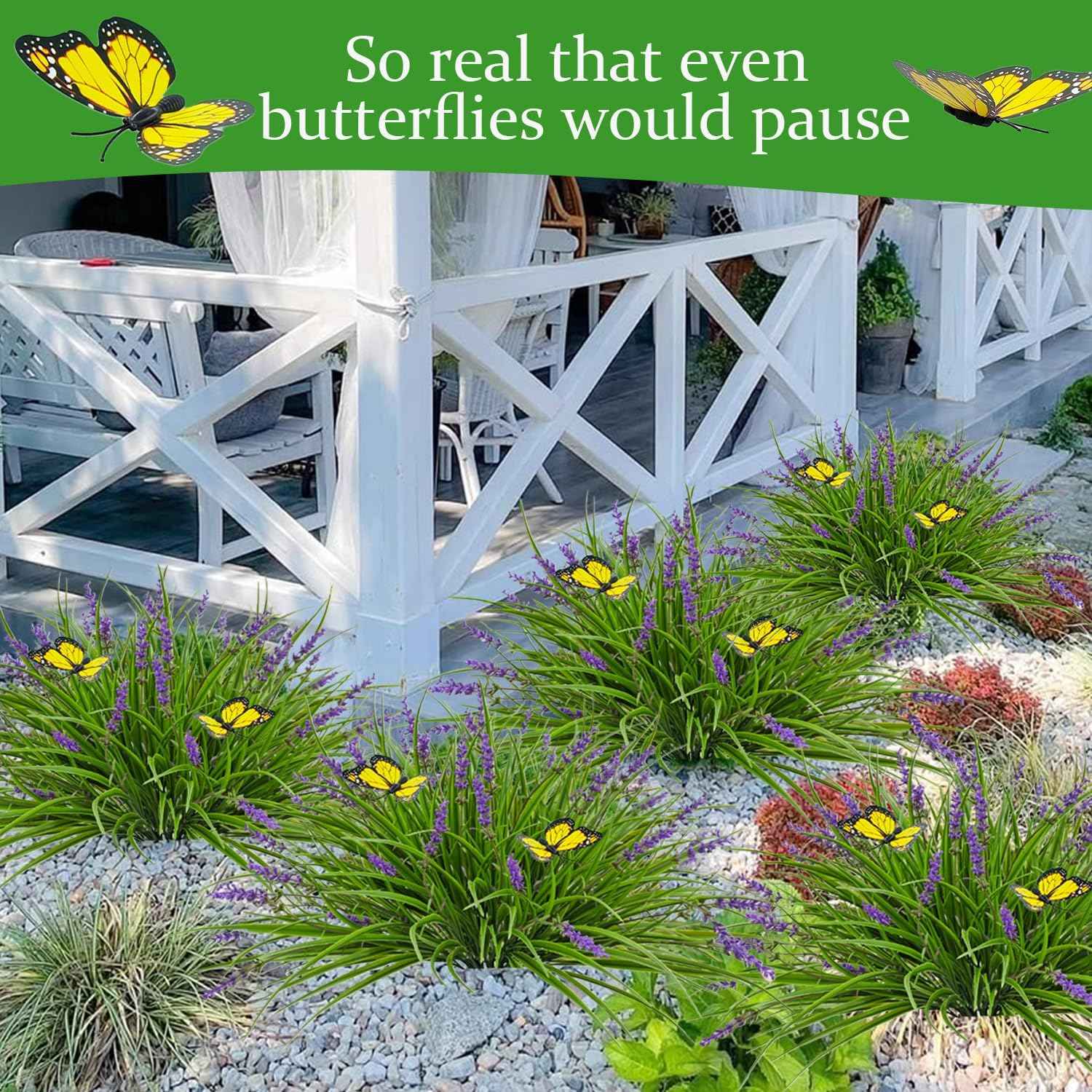 16 Bundles Artificial Outdoor Plants and 2 Pcs Butterfly Stakes Fake Monkey Grass with Flowers UV Resistant Faux Plant Greenery for Outside Planter Porch Patio Garden Window (Purple)