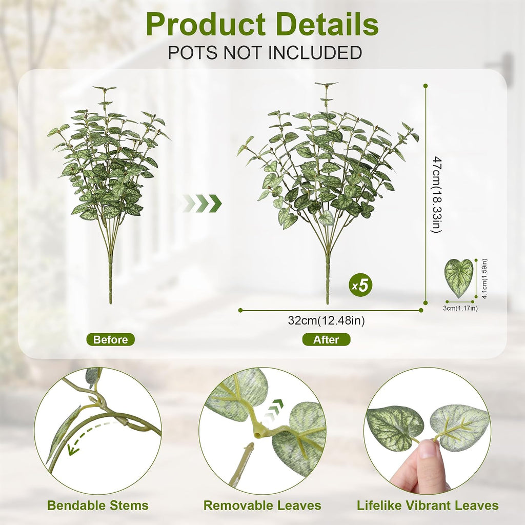 Ivydale Artificial Plants Outdoor UV Resistant 5 Pcs (Green) | Faux Greenery Plants Outdoor Silk Plants with Stems, Fake Plants for Outside Planter Front Porch Patio Pathway Decoration