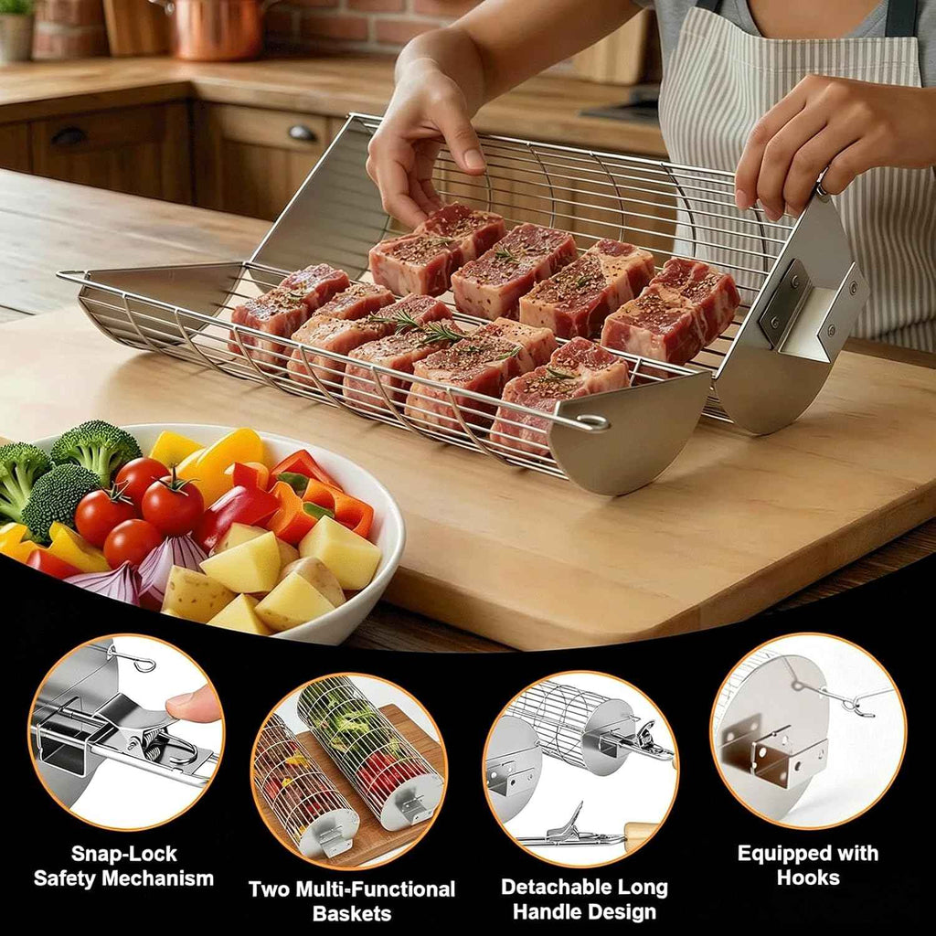 TNTOR Rolling Grill Basket, Larger 304 Stainless Steel Nesting Grilling Net, Removable Handle, BBQ Accessories Tools for Veg Shrimp, Outdoor Cooking Camping Father's Day grilling gifts for men Dad