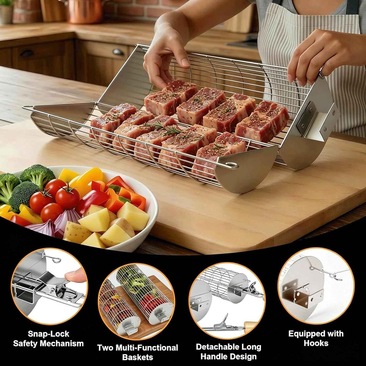 TNTOR Rolling Grill Basket, Larger 304 Stainless Steel Nesting Grilling Net, Removable Handle, BBQ Accessories Tools for Veg Shrimp, Outdoor Cooking Camping Father's Day grilling gifts for men Dad