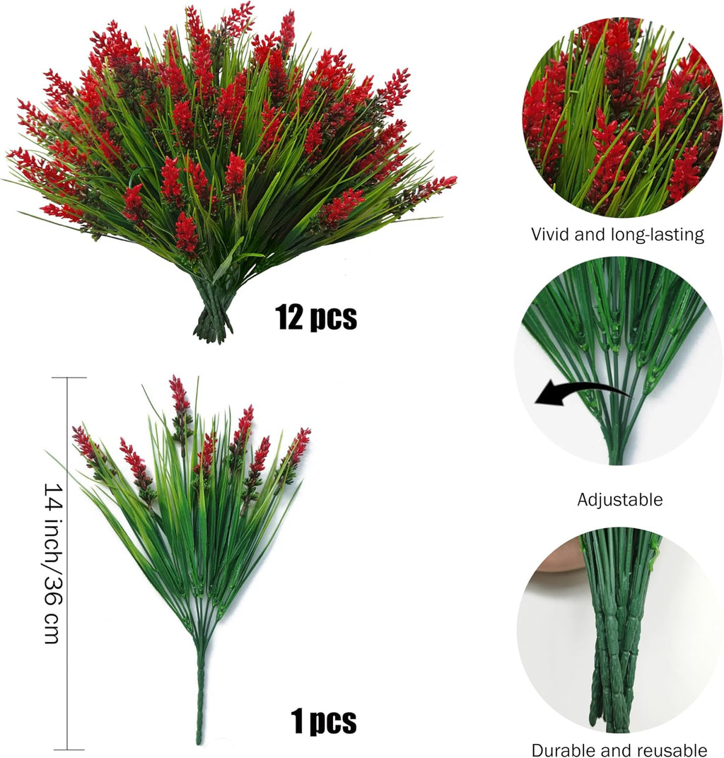 Artificial Plants Outdoor Fake Monkey Grass 12 Bundles Fake Outdoor Flowers | Red Artificial Flowers UV Resistant Fake Plants Outdoor Faux Greenery for Porch Pathway Yard Fall Winter Décor Outside Indoor
