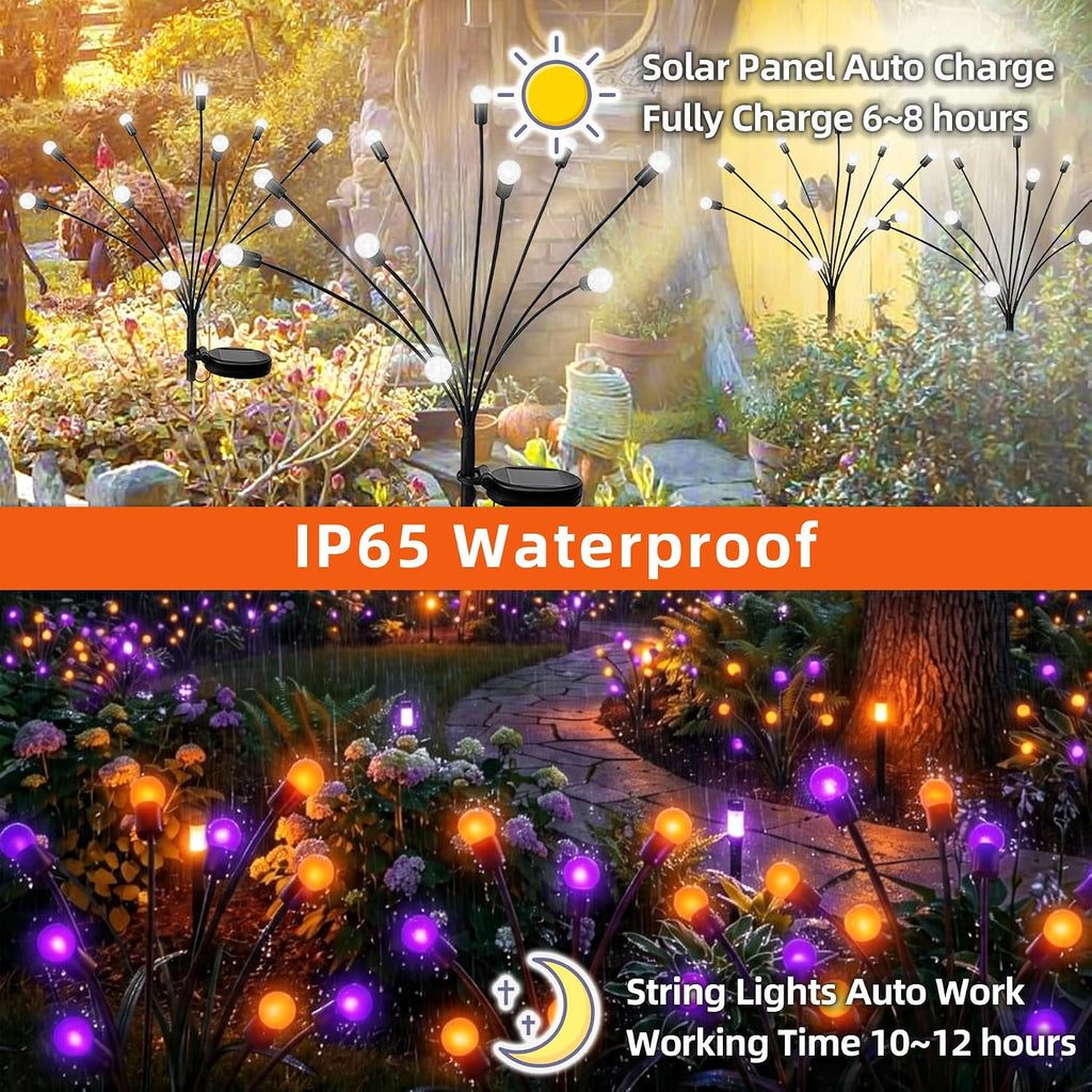 Halloween Firefly Solar Lights 2 Pack 6 LED Orange Purple | Swaying Pathway Lights IP65 Waterproof Auto Dusk to Dawn Outdoor Landscape Lights for Yard Patio Lawn Party Decor