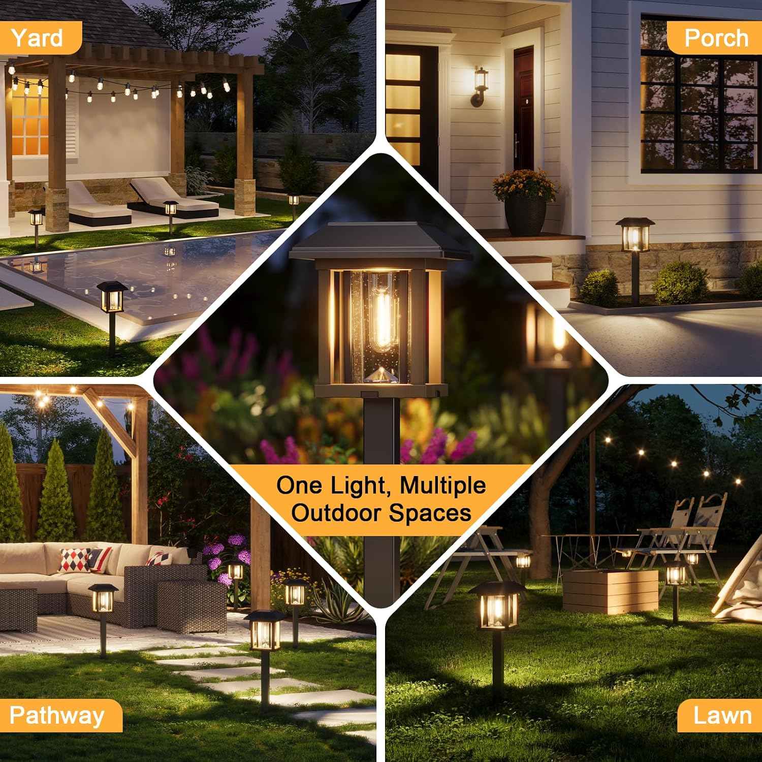 XMCOSY+ 4-Pack Solar Pathway Lights Outdoor, 25 Lumens Solar Garden Lights | IP65 Waterproof Seeded Glass & Metal Stakes, 2-Tone Vintage Edison LED Landscape Lighting for Yard, Patio, Walkway & Driveway