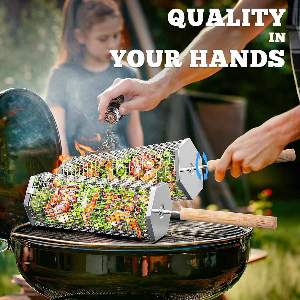 ivtivfu Rolling Grill Baskets, Removable Wooden Handle, Nesting BBQ Tools | 304 Stainless Steel, Grilling Smoker Accessories for Vegetable, Outdoor Camping Cooking, Birthday Gifts for Husband Men Dad