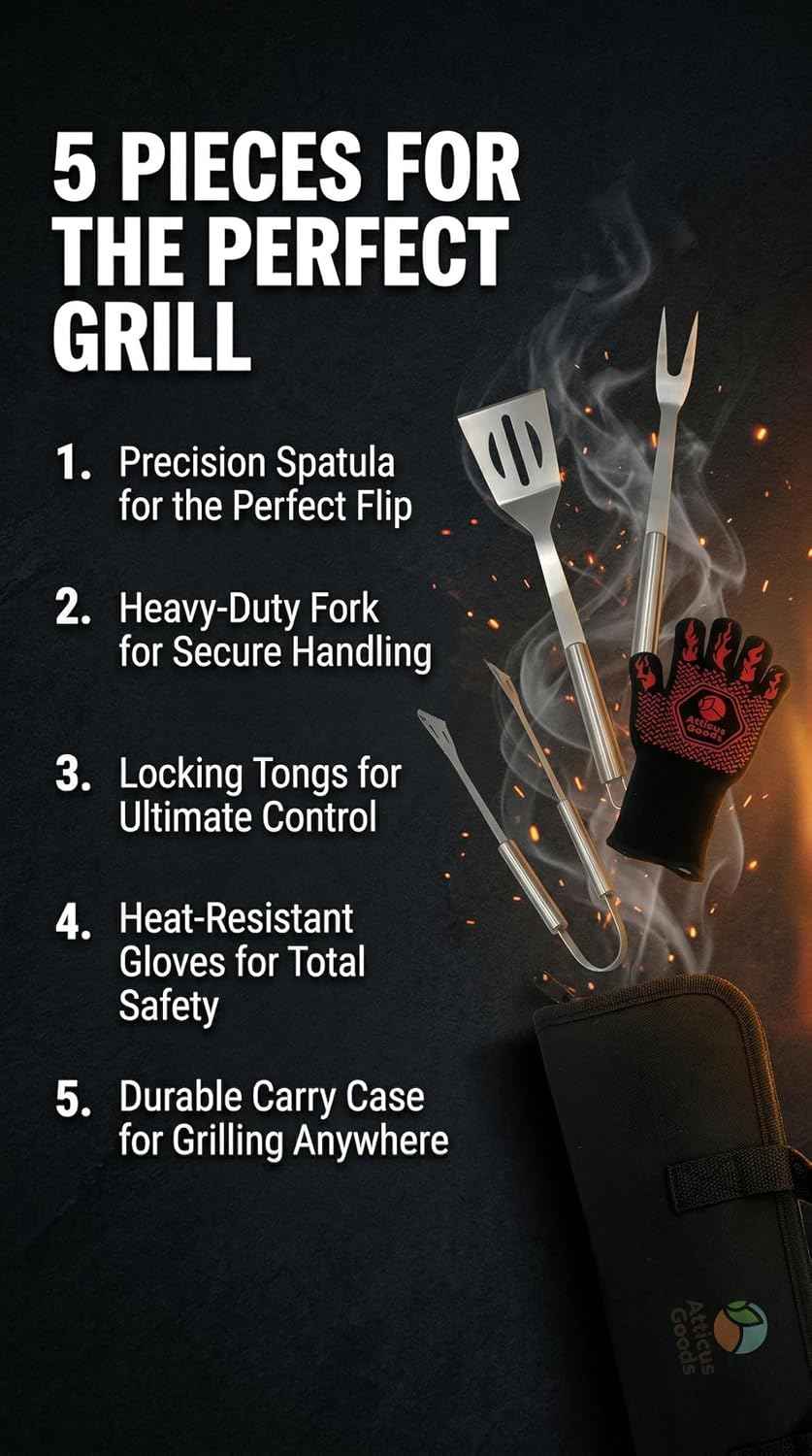 Stainless Steel Grill Set, 5 Piece Heavy Duty Barbecue Tools, BBQ Grilling Accessories Grill Kit with Tongs, Spatula, Fork, Gloves and Zippered Carry Bag, BBQ Grill Accessories