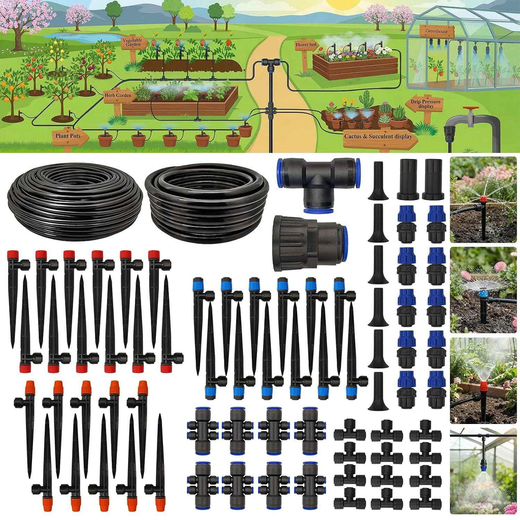 Drip Irrigation System 230FT Quick-Connect Drip Irrigation Kit with 1/4 inch 1/2 inch Irrigation Tubing Hose and Accessories for Lawn Raised Bed Greenhouse Plant Watering System