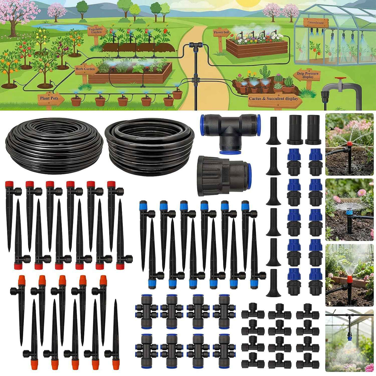 Drip Irrigation System 230FT Quick-Connect Drip Irrigation Kit with 1/4 inch 1/2 inch Irrigation Tubing Hose and Accessories for Lawn Raised Bed Greenhouse Plant Watering System