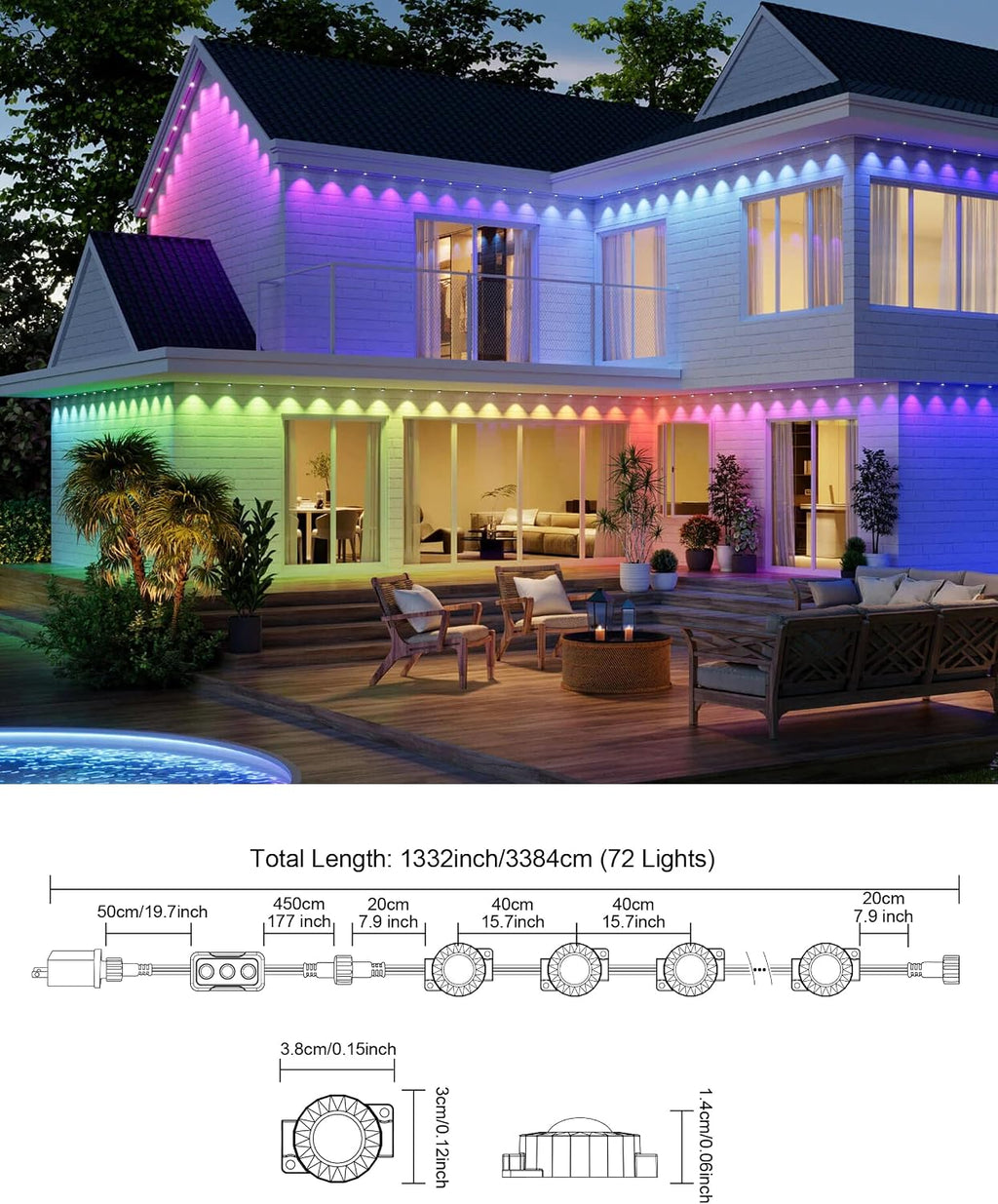 Permanent Outdoor Lights, 111ft with Smart 72 LED Light with App Control, DIY Scene Modes IP65 Waterproof Christmas Outdoor Lights Outside Roofline Decor, Garden Decor, Party, Holiday Xmas
