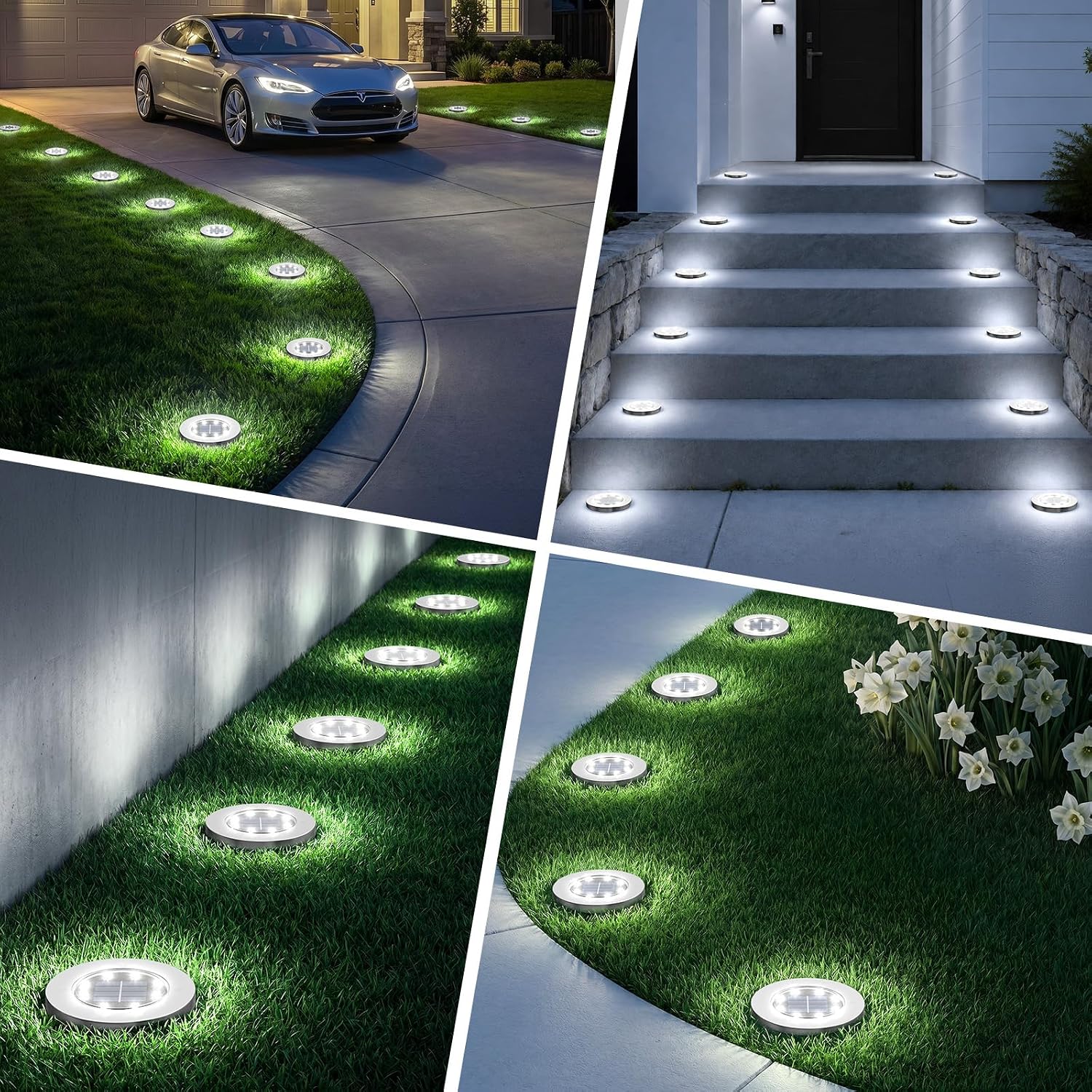 INCX 12 Pack 4.6 Inch Solar Ground Lights Outdoor, Waterproof, Cold White | 8 LEDs, 600mAh Ni-MH battery, 8-10 hr runtime, stainless steel and ABS body, garden lights for pathways, lawns and driveways