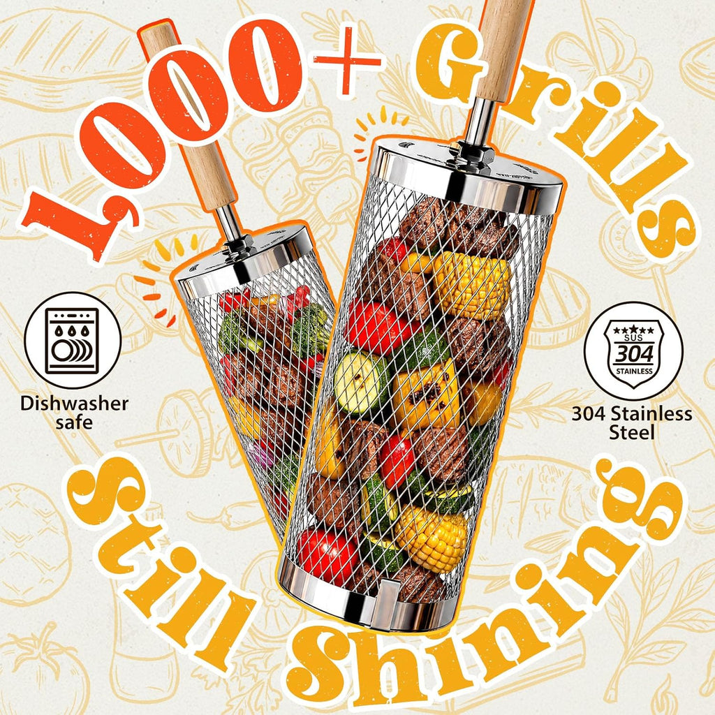 Rolling Grill Basket, Grilling Accessories 2 Pack, Gifts for Men | 304 Stainless Steel, Removable Wooden Handle, BBQ Grill for Vegetable, Outdoor Cooking, Birthday Gifts for Men Dad Husband