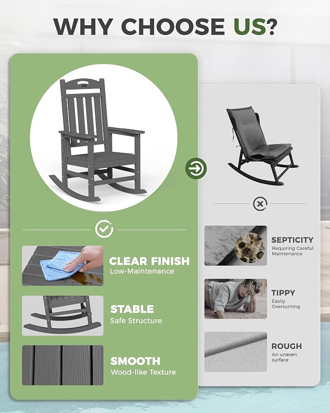 Oversized Outdoor Rocking Chairs Set of 2, High Back Porch Rocking Chair - Image 8