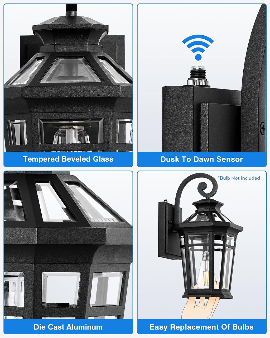 Outdoor Light Fixtures Wall Mount, Black Exterior Sconce Lights Waterproof, Dusk to Dawn Porch Light with Beveled Glass, 100% Aluminum Outdoor Wall Lantern for Garage, Outside Lights for Patio