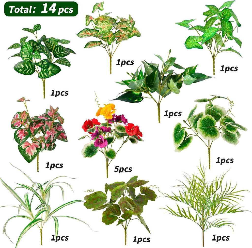 Artificial Plants Outdoor Greenery Stems, 14PCS Faux Greenery Bushes UV Resistant Plastic Shrubs with Real Touch Flexible Leaves, Fake Plants for Planter Garden Patio Porch Window Box Fence Yard Decor