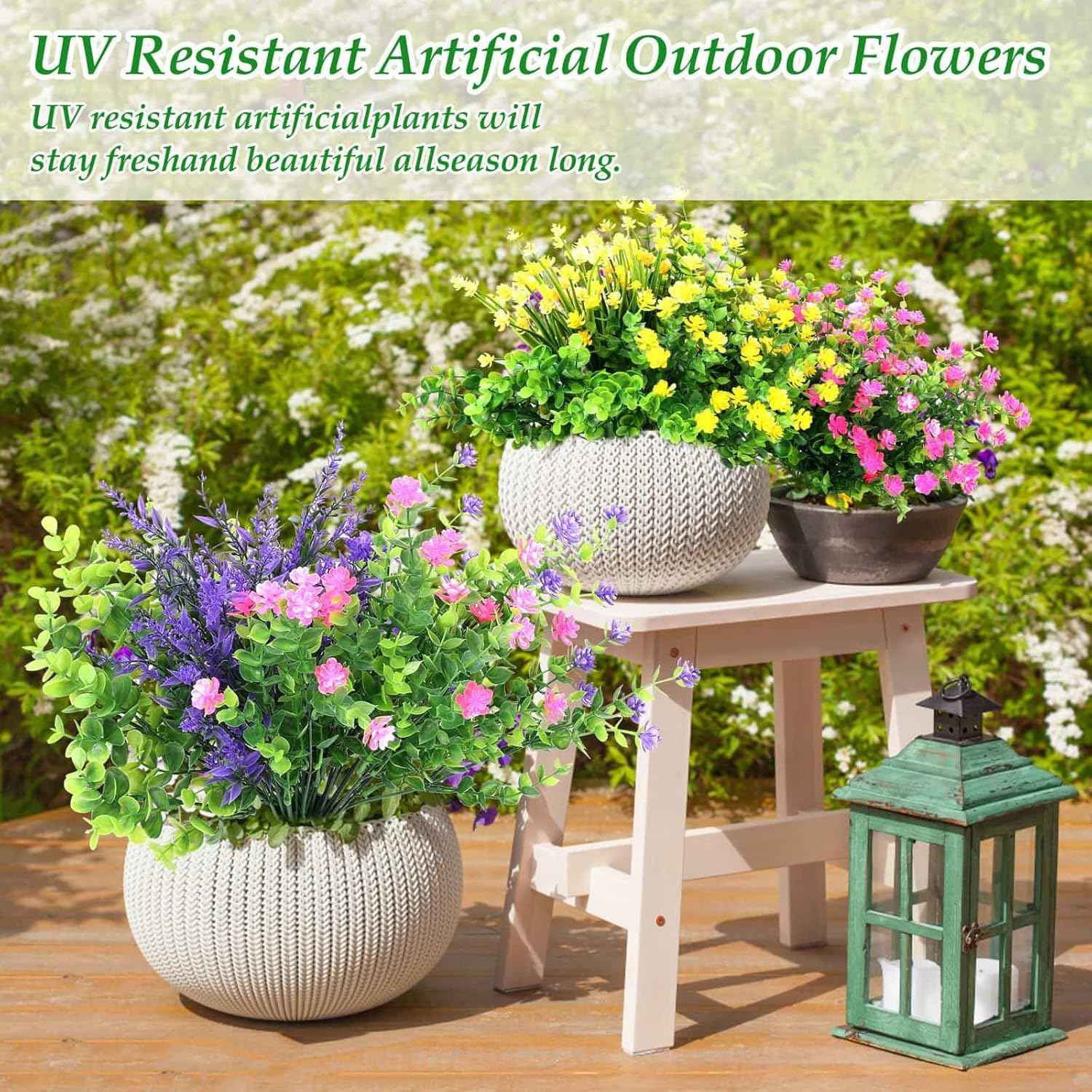 20 Bundles Artificial Spring Summer Flowers Bulk for Outdoors, UV Resistant | Silk Fake Wildflowers and Plastic Faux Lavender Plants for Outside Garden Patio Porch Window Box Hanging Basket Decor