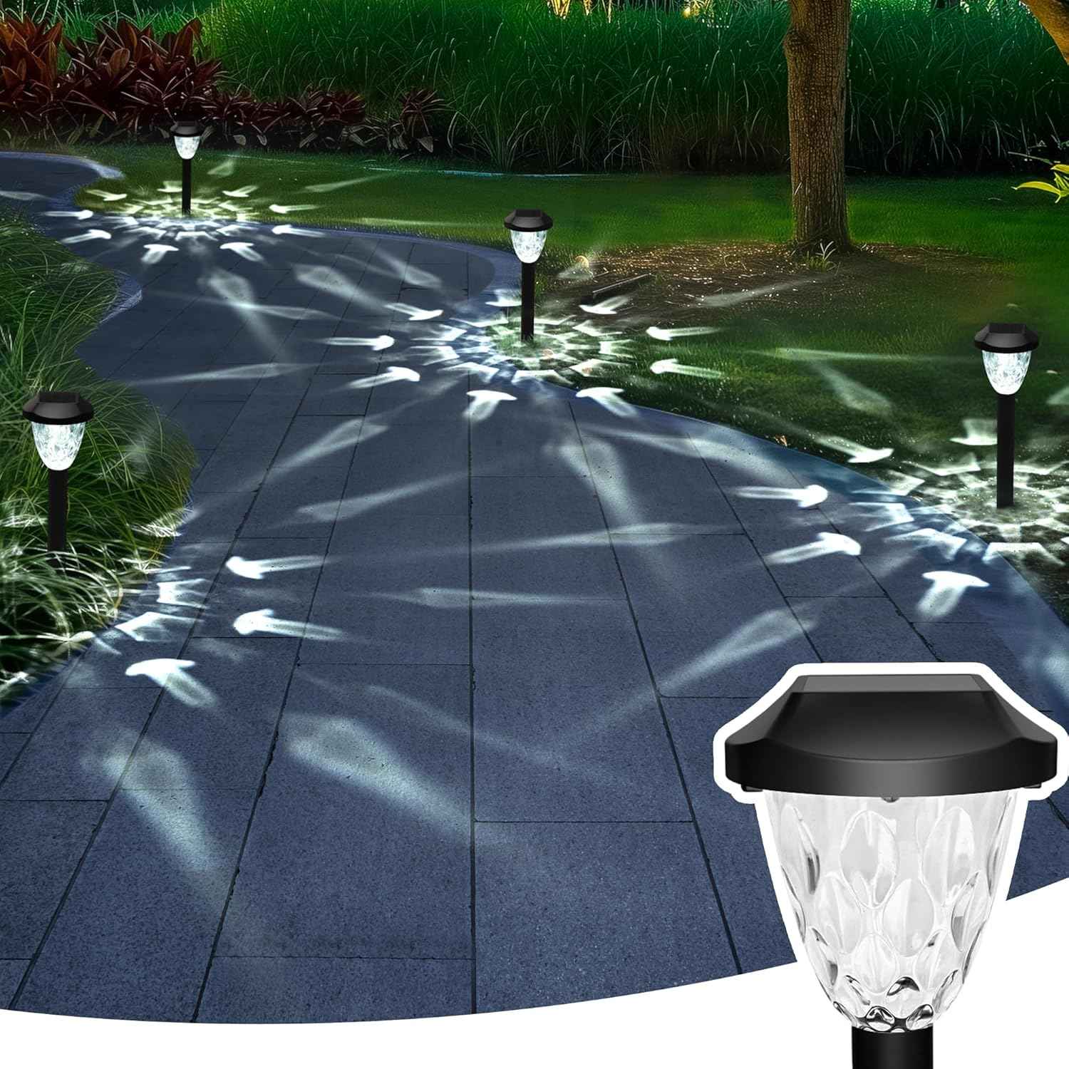 GIGALUMI Solar Pathway Lights, 8 Pack Outdoor Waterproof | Elegant pattern auto on/off dusk to dawn. Perfect for yard, garden, walkway, driveway, lawn. 8-pack landscape set.