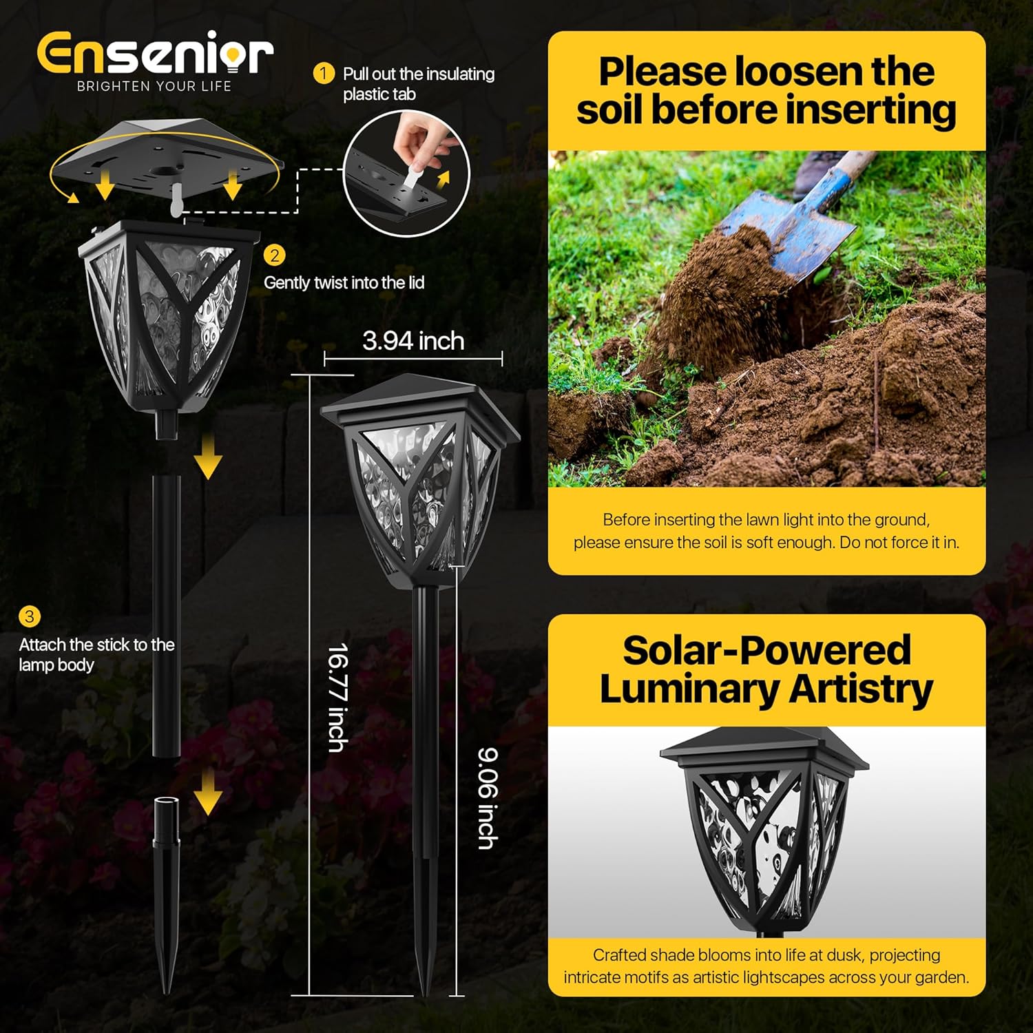 Ensenior Solar Lights Outdoor, 6500K LED Pathway Garden Lights, 6 Pack | IP65 waterproof landscape lighting, energy-efficient for yard, patio, walkway & planter, tool-free auto ON/OFF