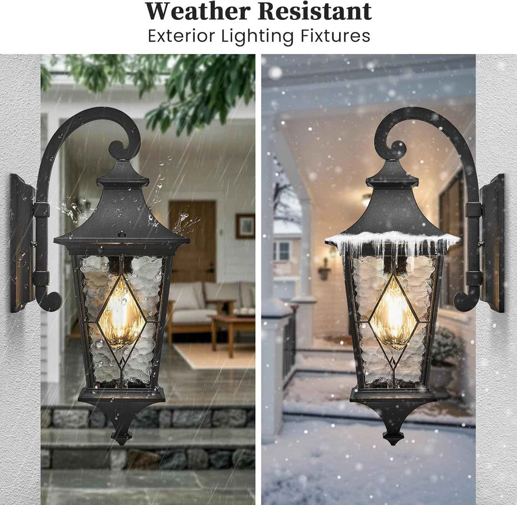 Outdoor Sconce Lights Black Porch Lights Outdoor Aluminum Waterproof Exterior Lighting Fixtures with Water Ripple Handmade Solder Glass E26 Socket