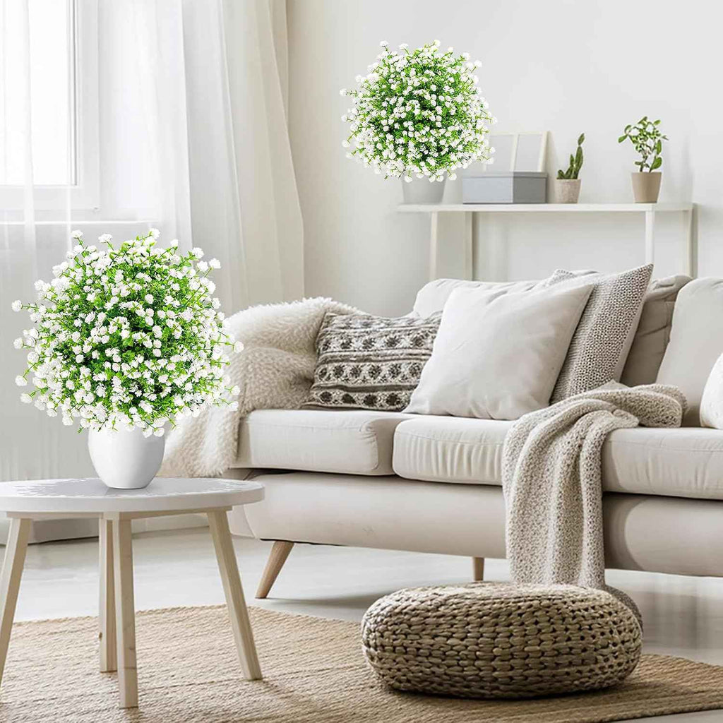 ENVEN White Artificial Flowers for Outdoors, 2 Pack | UV Resistant | 63-Stem Fake Greenery Bushes with Ground Stakes for Garden, Porch, Patio Decor (White Green)
