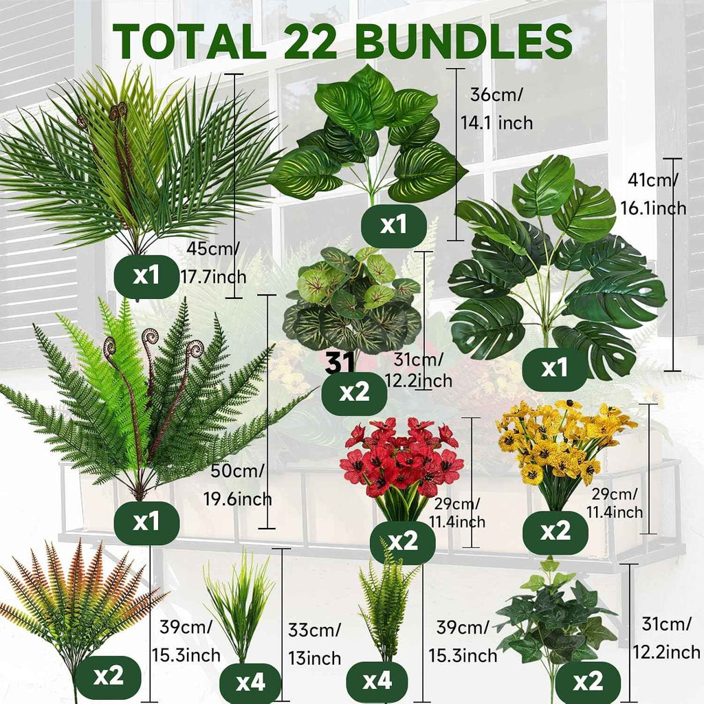 22 Bundles Outdoor Artificial Plants Greenery Stems UV Resistant Faux Plants for Outside Fake Stems Plastic Leaves for Front Porch Home Decor Garden Porch Planter