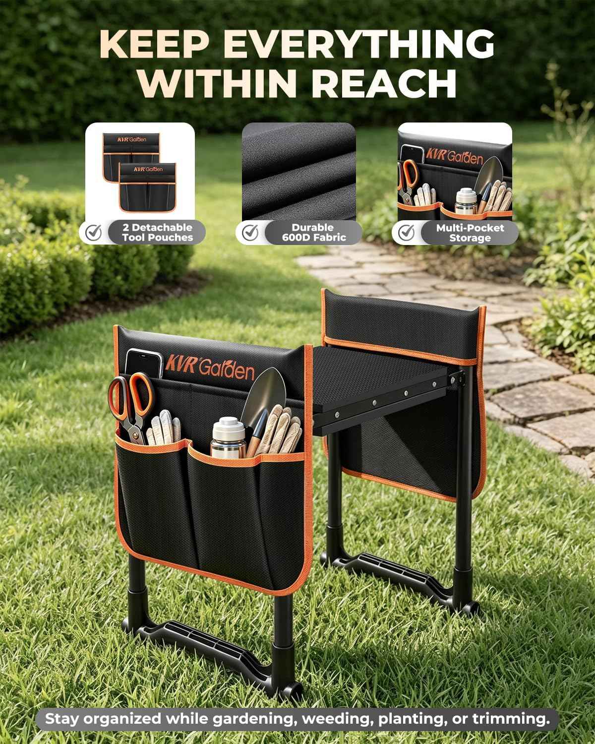 KVR Garden Kneeler and Seat with 2 Tool Pouches, Heavy Duty Foldable Gardening Stool, Portable Bench with Thick EVA Foam for Knee Support, Gifts for Seniors, Black/Orange